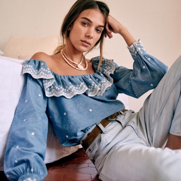 Sezane Tops - Sézane Franceska Chambray Embroidered Blouse 36 S